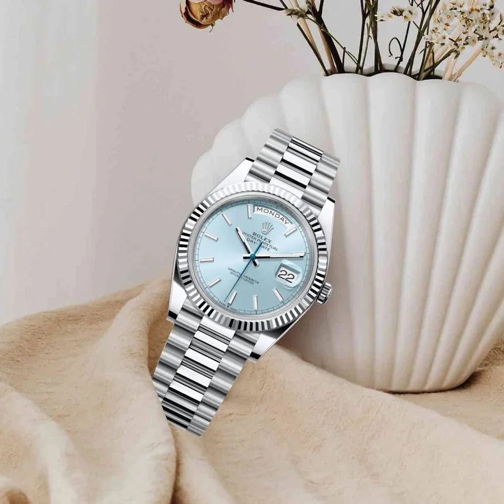 Rolex Day Date 40mm – Ice Blue Stick Dial & Fluted Bezel – L-113